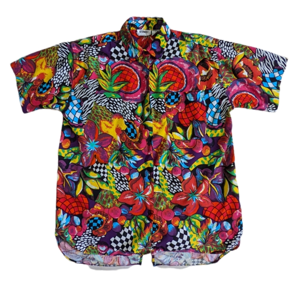 GITANO Shirt Women's Sz M 1990s Hipster Mixed Pattern Print Wild N Crazy Colors